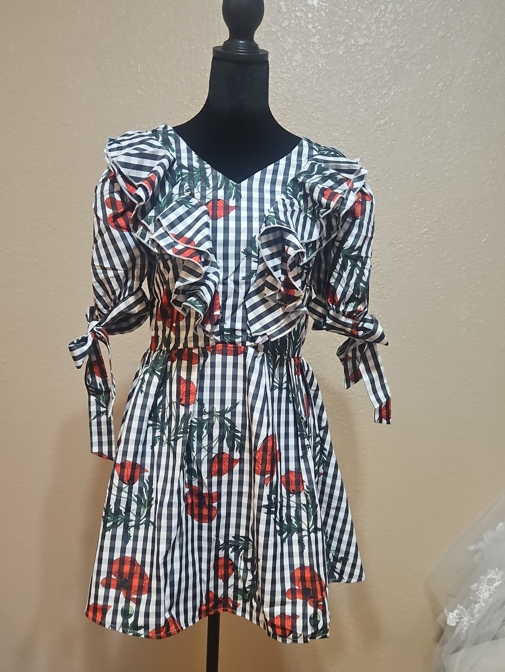 Gingham Ruffle Tie-Sleeve Dress with Red Floral Print